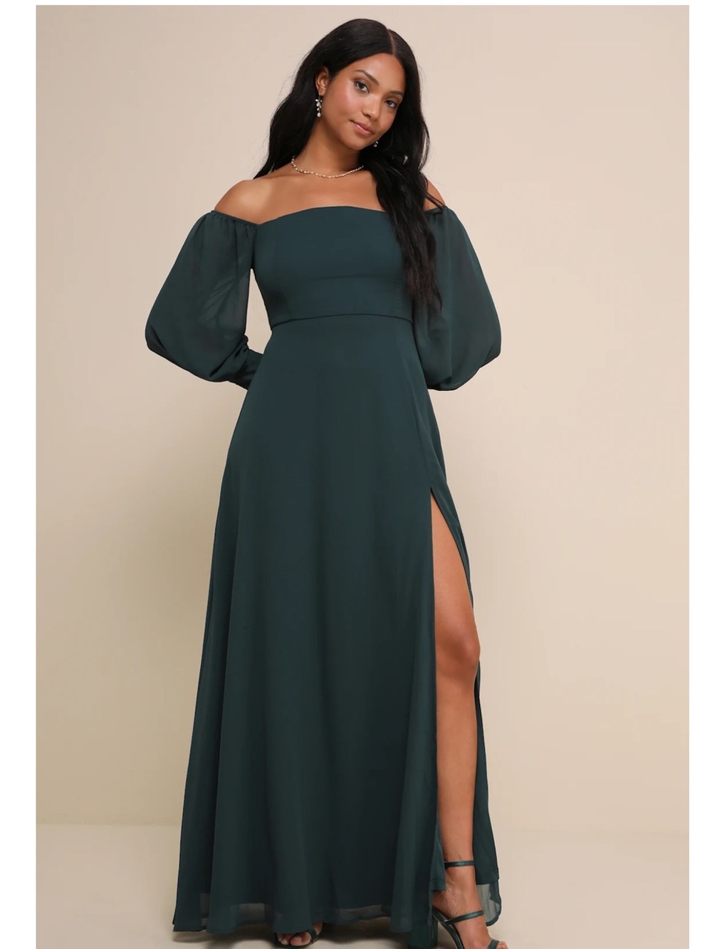 Lulus Feel the Romance Emerald Green Off-Shoulder Chiffon Maxi Dress Event M
